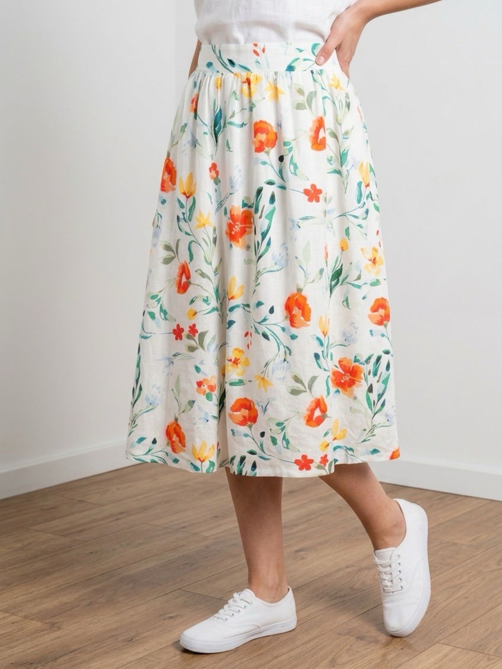Prosperina Floral White Cotton Midi Skirt with Orange & Yellow Blooms
